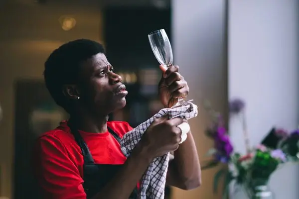 Man holding a cloth and a wine glass